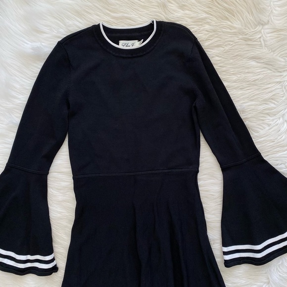 Eliza J Black Knit Long Flare Bell Sleeve Modest Crewneck Fit and Flare Dress - Picture 3 of 9